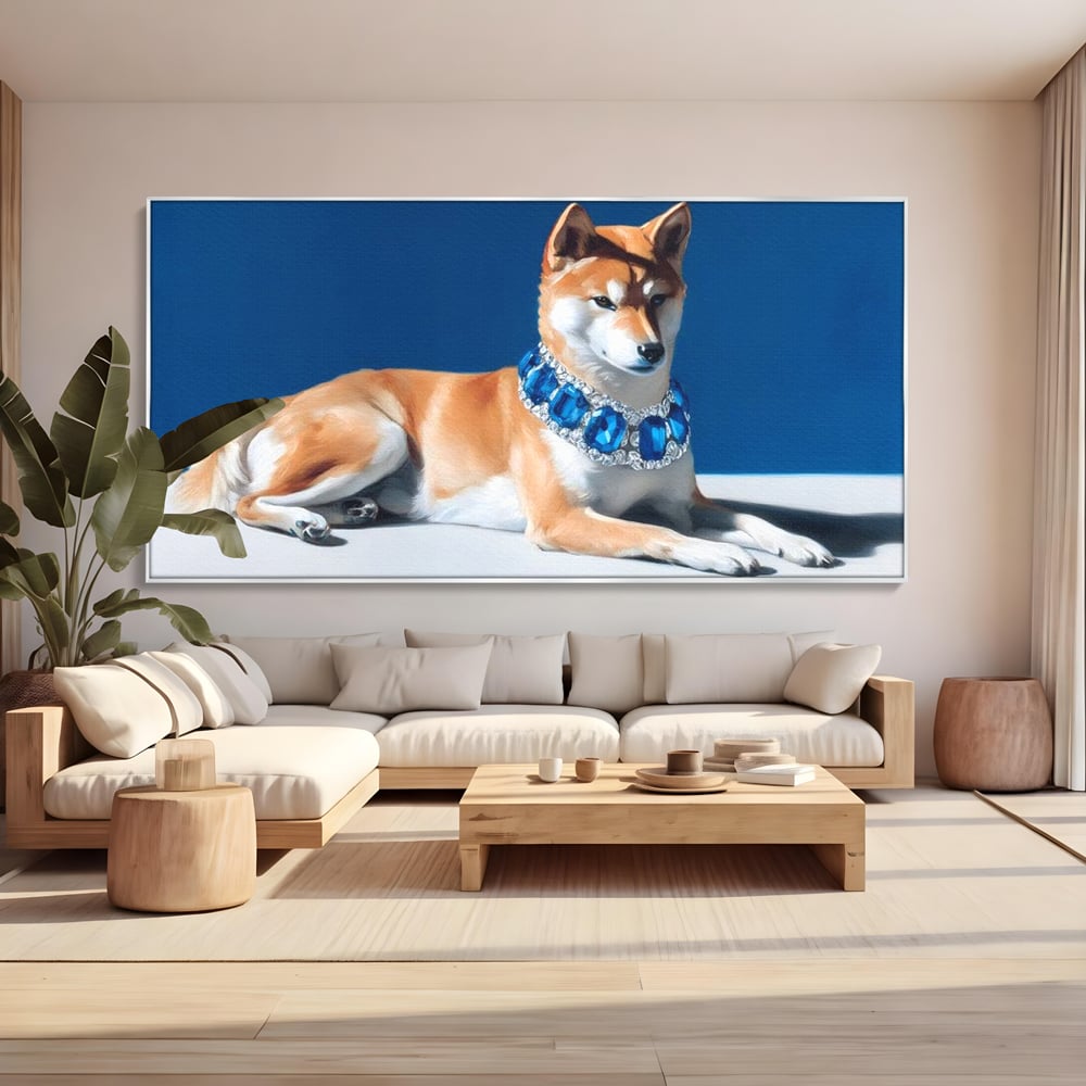 Tablou canvas cu tablou canvas cu caine portret si colier, in rama de aluminiu argintiu, pe perete intr-un living